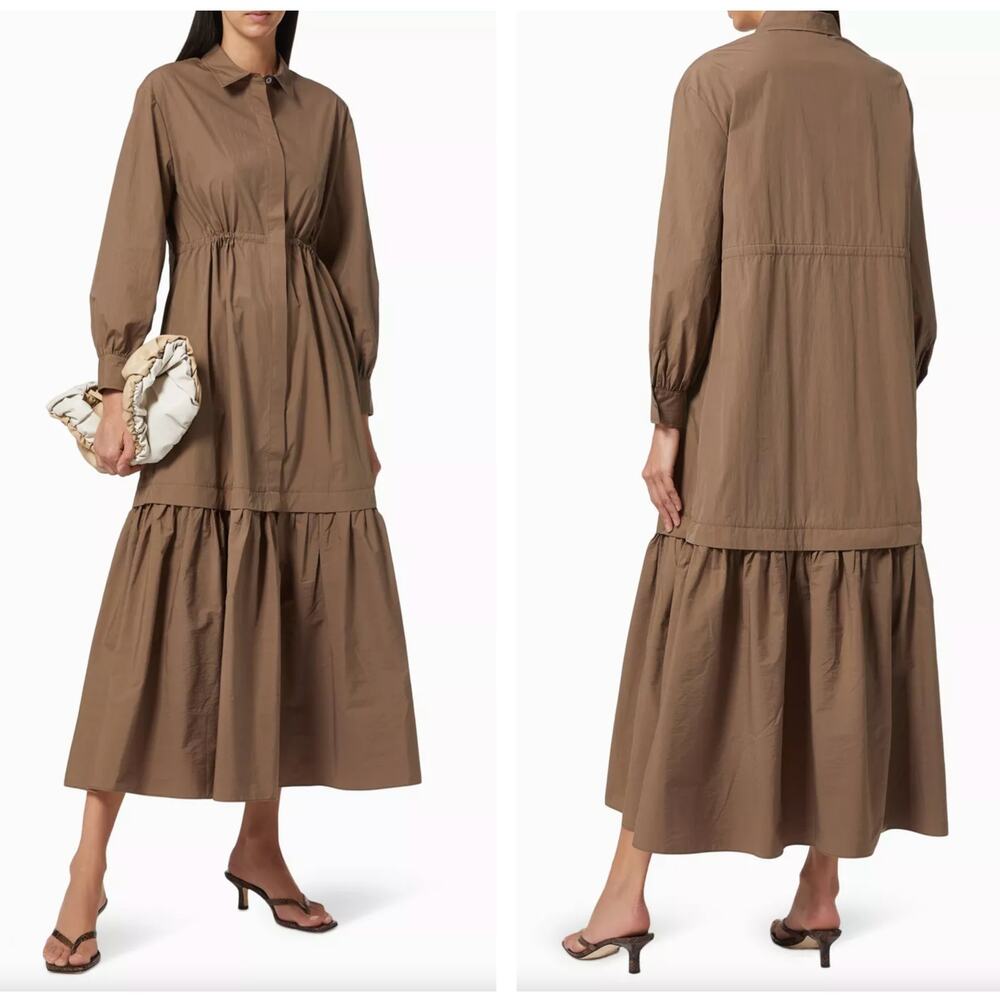 CO Essentials Long Sleeve Tiered Maxi Dress Cotton Tan Brown Sz M {Y47}